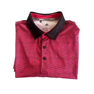 ADIDAS MEN'S POLO, SIZE: L COLOR: PINK/BLACK ALL OVER PATTERN. EUC